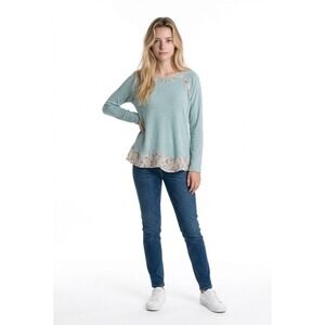 Cactus + Pearl Seafoam Green‎ Waffle Knit Floral Chiffon Trim Top Womens Small